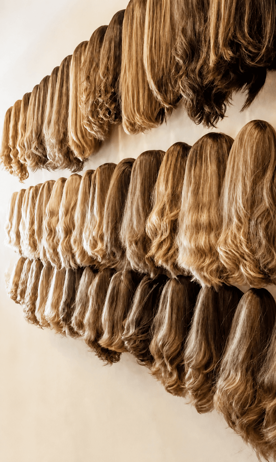 Rows of softly styled wigs in warm blonde and brunette shades